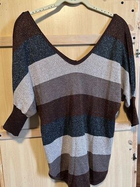 Express Striped V-Neck Dolman Top - Brown Multi
